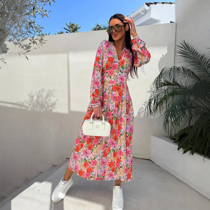 Lune London Floral Maxi Dress for Women with Button Details