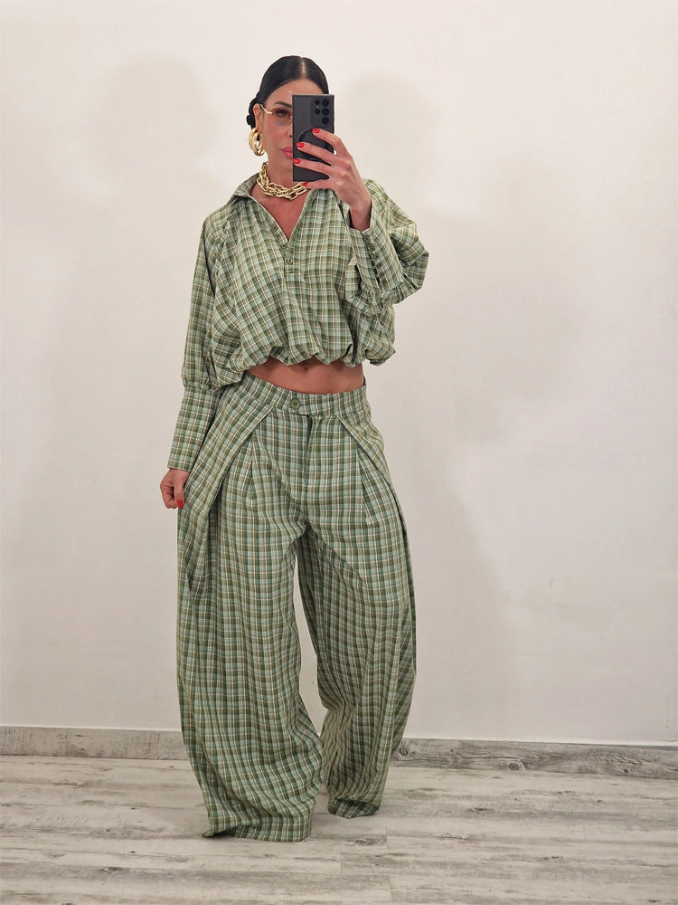 Women's Two-Piece Checked Set with Cropped Oversized Shirt and Wide Pleated Trousers Amarae