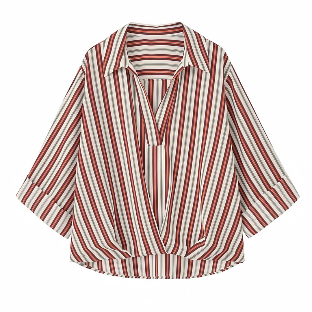 Women's loosely cut wrap blouse with shirt collar, three-quarter sleeves, and stripe pattern Amarae
