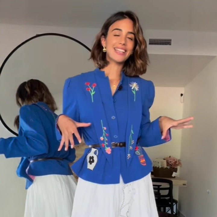 Women Embroidered Tailored Short Jacket with Peplum and Belt Amarae