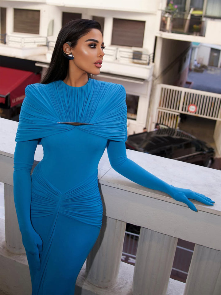 Women Elegant Fitted Evening Dress with Pleated Shawl Collar and Integrated Arm Warmers Amarae