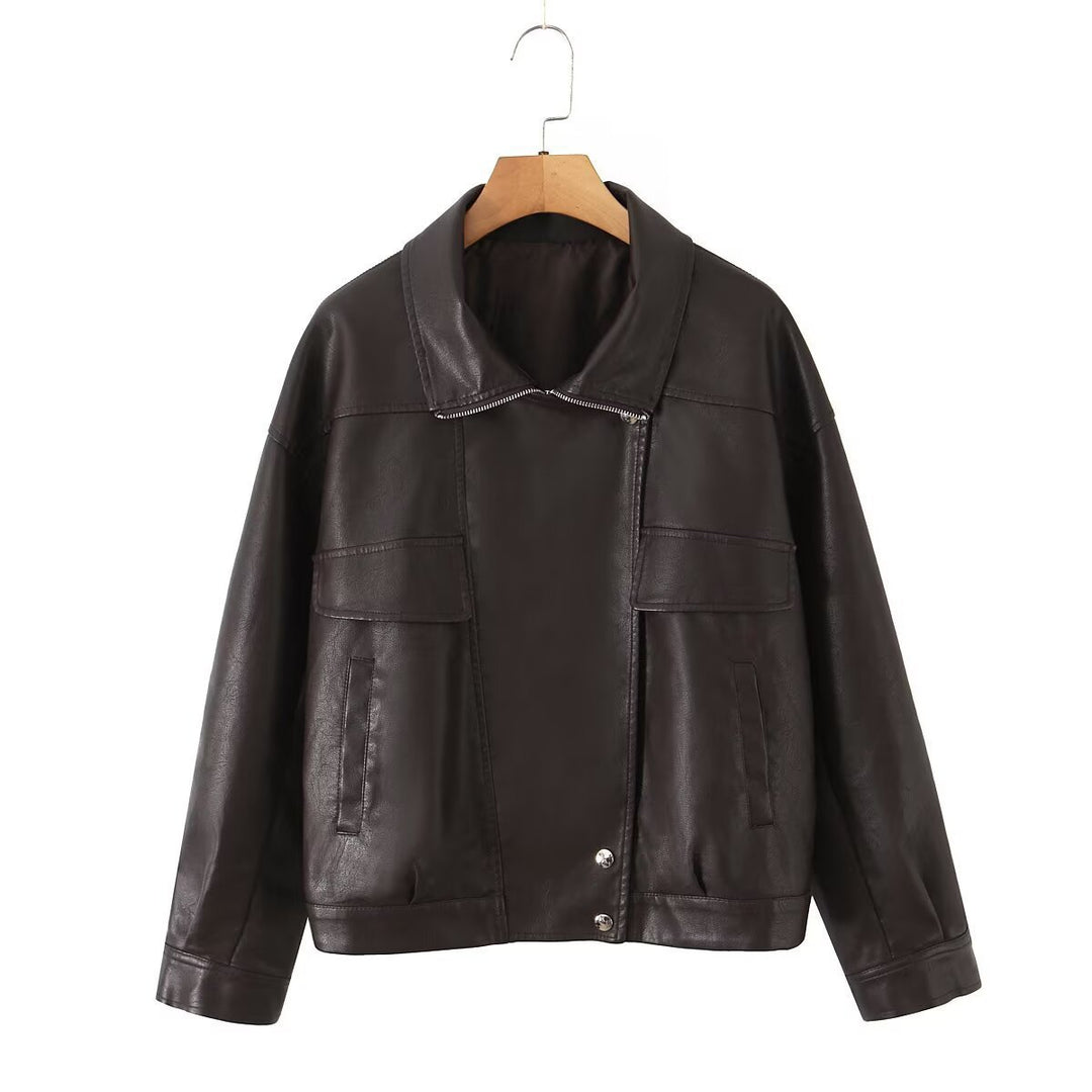 Fashionable synthetic leather jacket for women with practical flap pockets Lune London