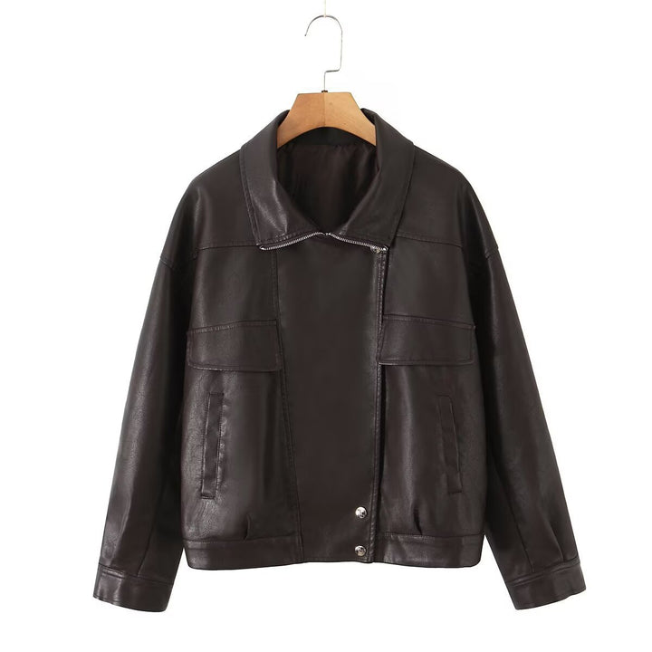 Fashionable synthetic leather jacket for women with practical flap pockets Lune London