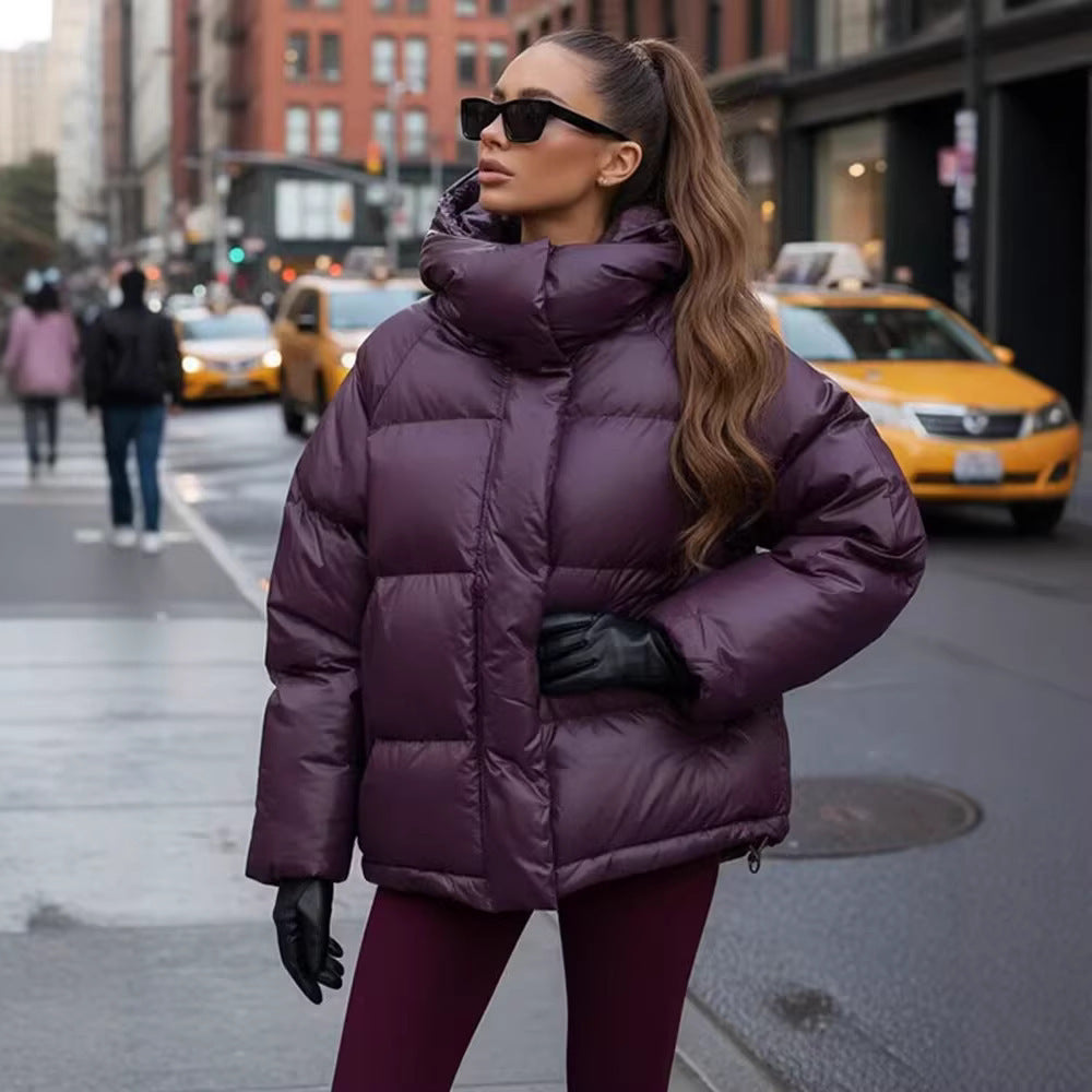 Women's Oversize Quilted Puffer Jacket with High Collar and Hood Amarae