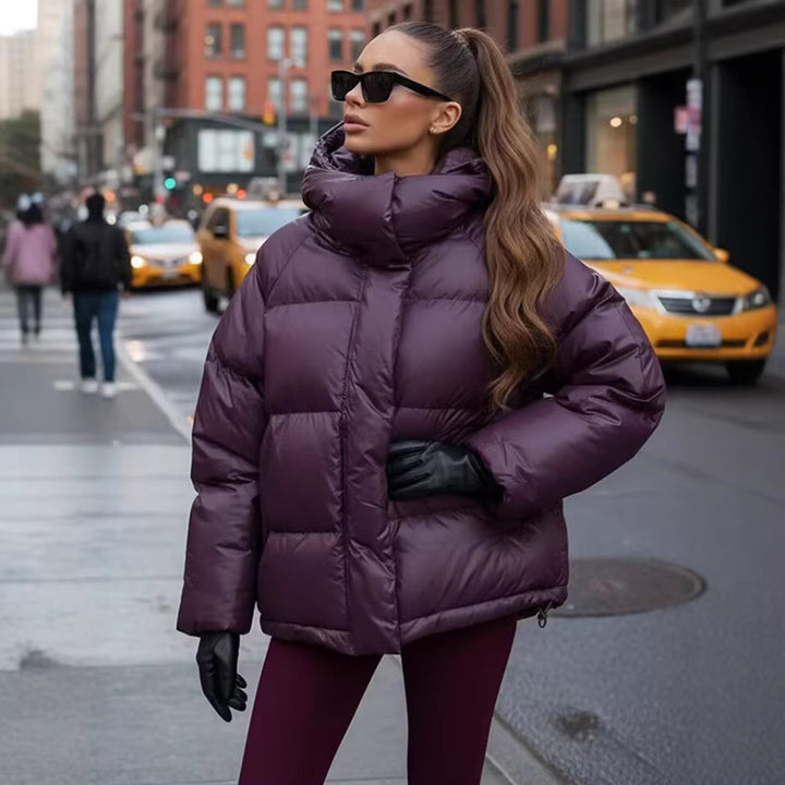 Women's Oversize Quilted Puffer Jacket with High Collar and Hood Amarae