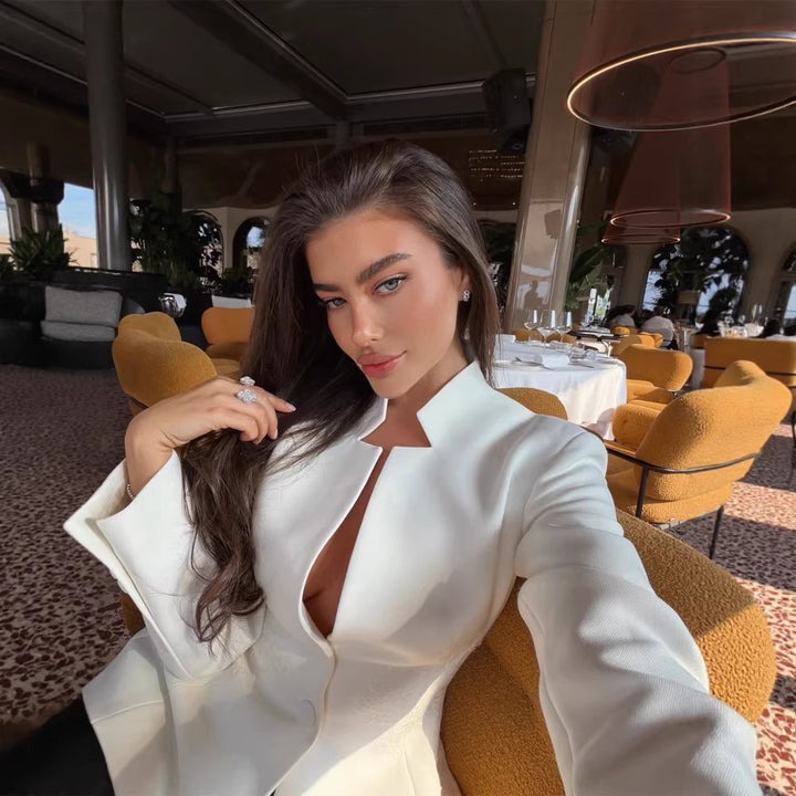 Women's Tailored Blazer with Distinctive V-Neck and Stand Collar Detail Amarae