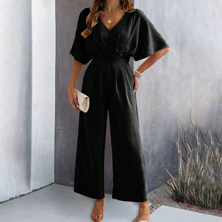 Women Wide Cut Jumpsuit with Elegant Draping and V-Neck Amarae