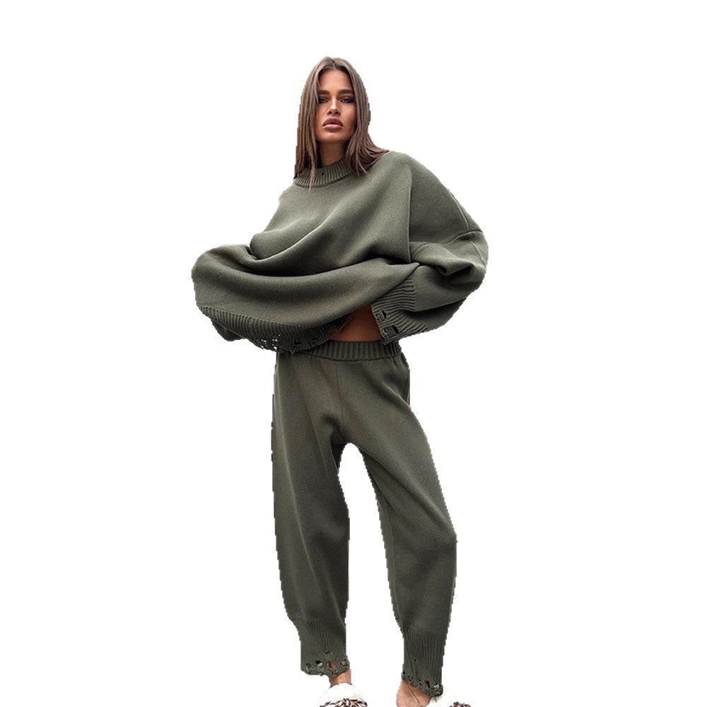 Women's Oversized Knit Set made of Fine Knit with Destroyed Hem, Wide Sweater and Casual Slip-On Pants Amarae