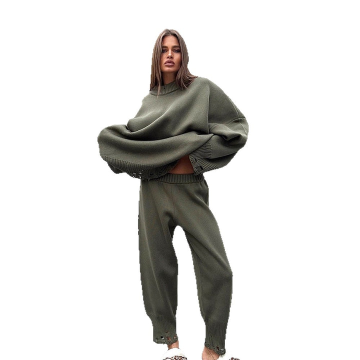 Women's Oversized Knit Set made of Fine Knit with Destroyed Hem, Wide Sweater and Casual Slip-On Pants Amarae