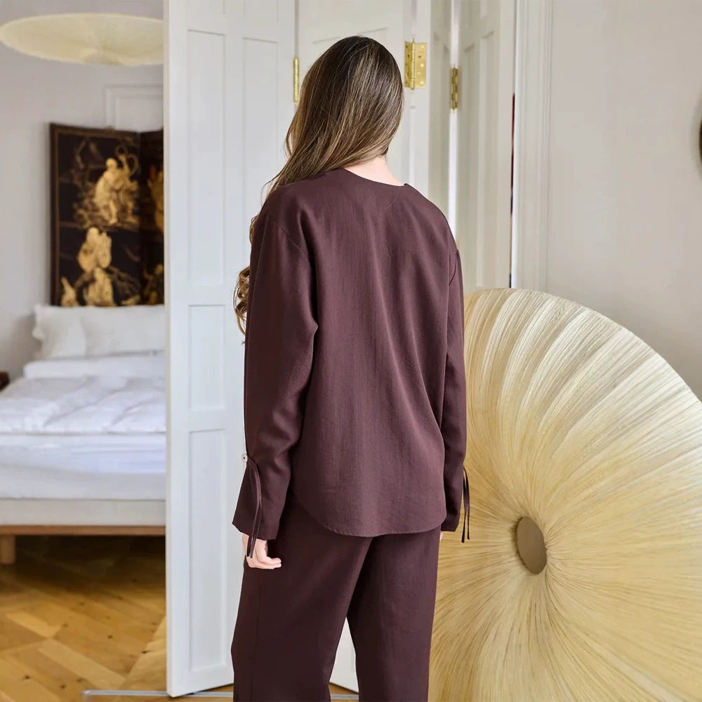 Women's Casual Lounge Set with V-Neck, Button Placket and Drawstrings Amarae