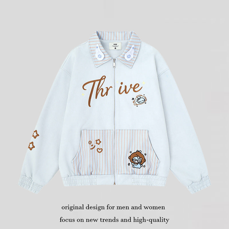 Women's zip sweat jacket with striped collar, front pockets and cute embroidery Amarae