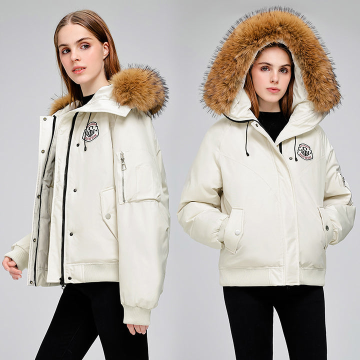 Ladies Puffer Sport Jacket with Removable Faux Fur Collar and Practical Chic Style Pockets