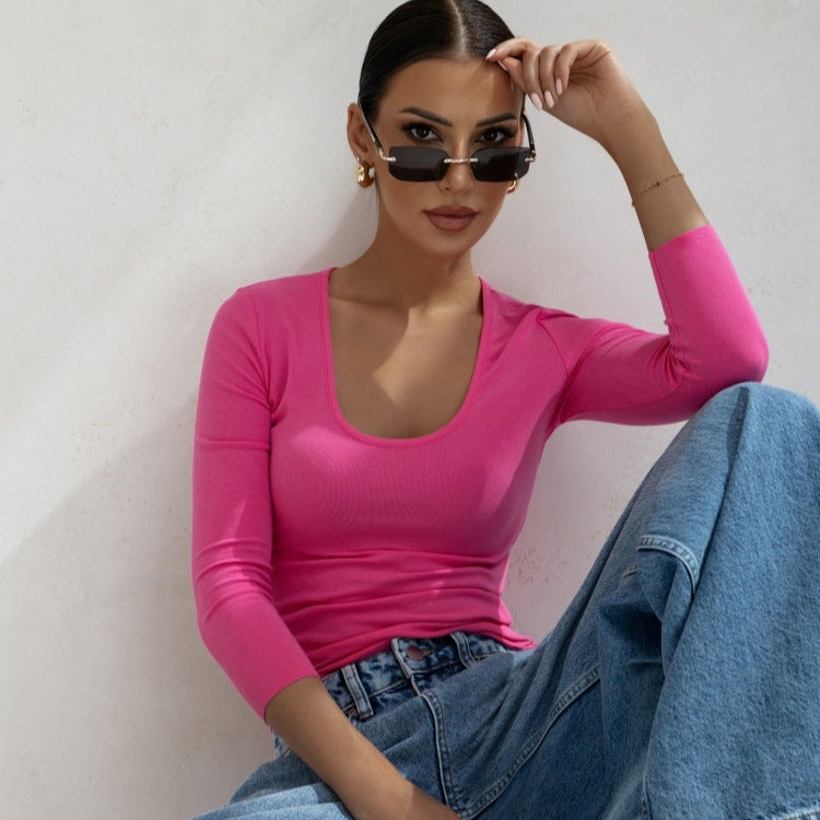 Fitted long sleeve T-shirt for women with plunging neckline Lune London