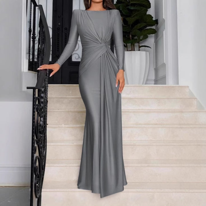 Ladies Elegant Long Dress with Gathered Details and High Collar Lune London