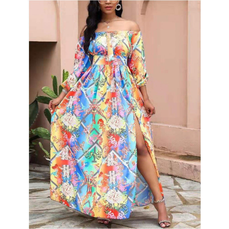 Off-shoulder maxi dress for women with elegant print Lune London
