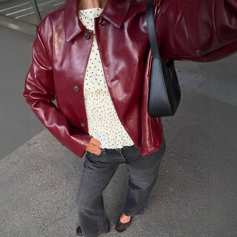 Women's Boxy Faux Leather Jacket with Shirt Collar and Straight Cropped Cut Amarae