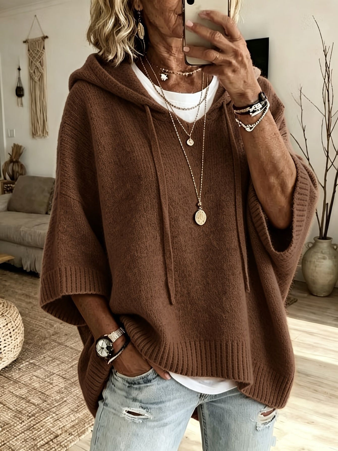 Ladies Oversized Knit Poncho with Hood, Batwing Sleeves and Side Slits Amarae