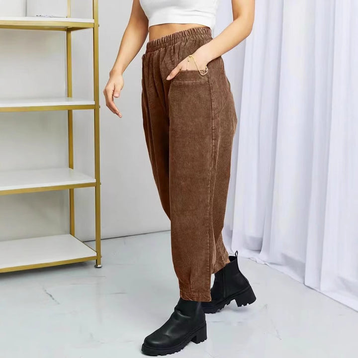 Ladies Comfortable Corduroy Leisure Pants with Elastic Waist and Pockets Lune London