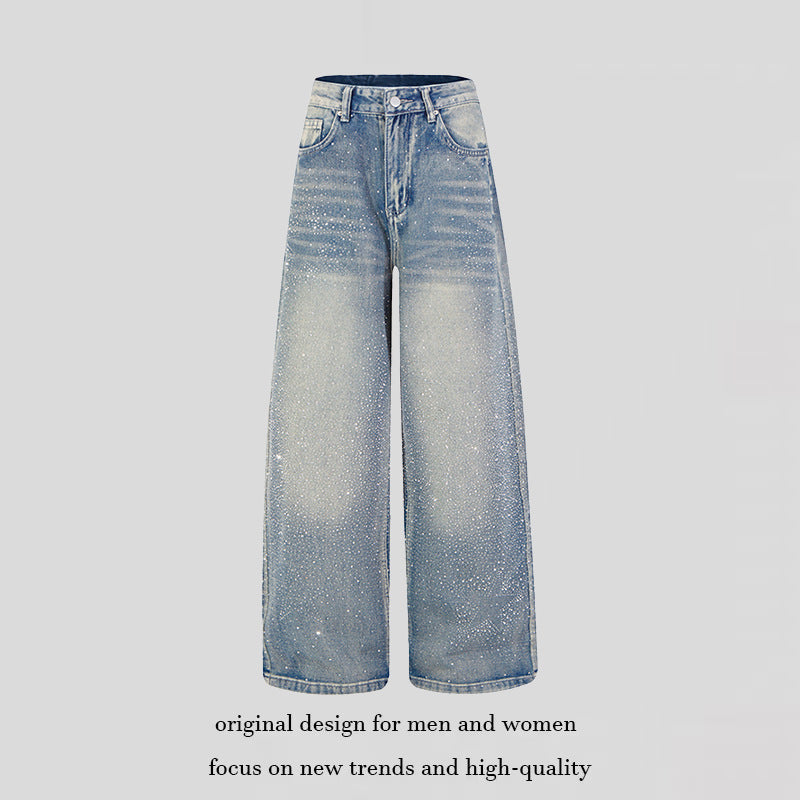Women wide high-cut palazzo jeans with glitter effect and vintage wash Amarae