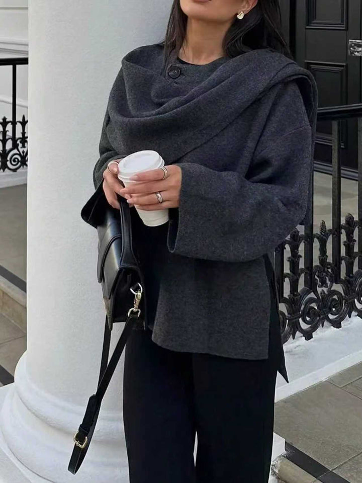 Women Oversize Wrap Poncho Coat with Wide Shawl Collar and One-Button Detail Amarae