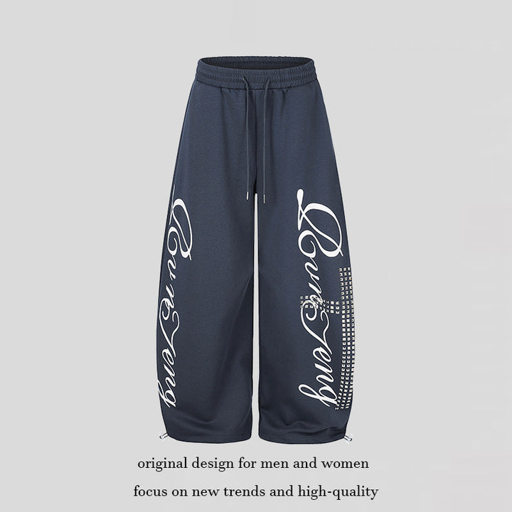 Women's Palazzo Sweatpants in Culotte Style with High Waist, Drawstring, Text Print and Rhinestone Trim Amarae