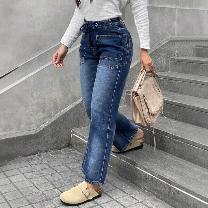 Women's high-waisted jeans with straight leg, drawstring waistband, and patch pockets Amarae