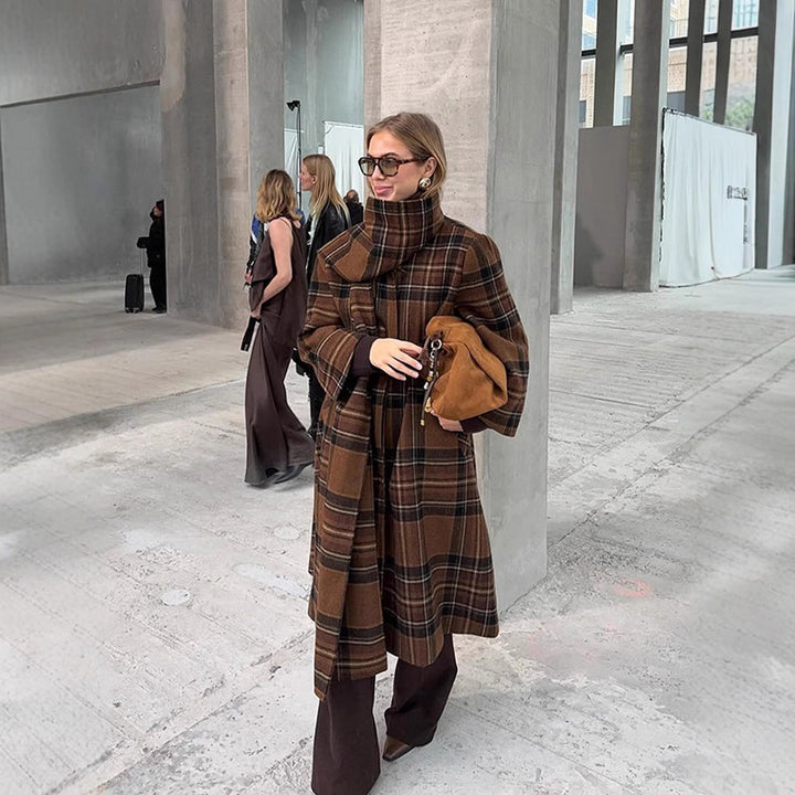 Ladies long coat in check look made of wool mix with oversized stand-up collar and bell sleeves Amarae