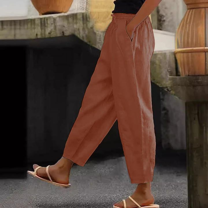 Women's Linen Blend Cropped Pants with Elastic Waistband, Drawstring and Side Pockets Amarae