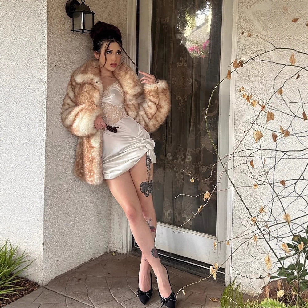 Women Mid-length plush faux fur coat with voluminous shawl collar and boxy silhouette Amarae