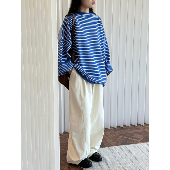 Women's Striped Oversize Knit Sweater with Short Stand-Up Collar Amarae
