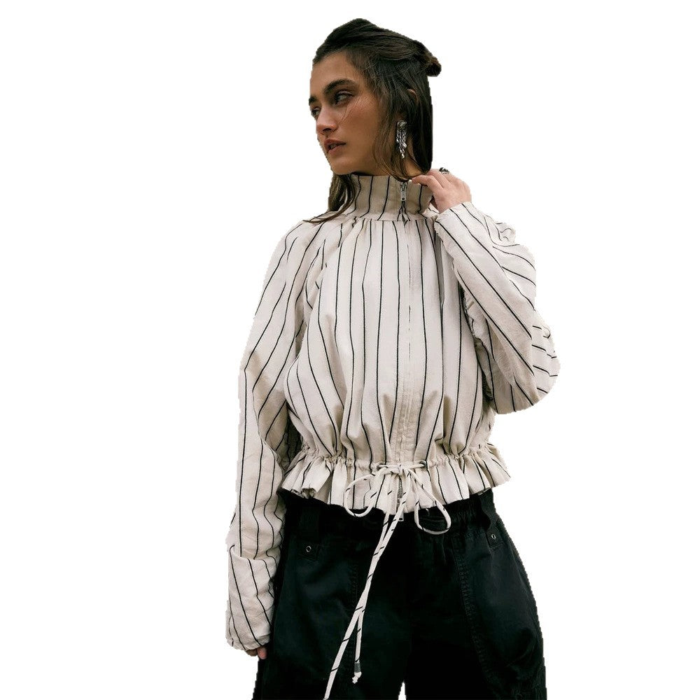 Women's Lightweight Striped Cropped Blouse with Drawstring Hem, Stand-up Collar and Half Zipper Front