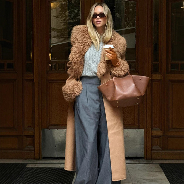 Ladies Maxilength Wool Blend Coat with Detachable Curly Faux Fur Shawl Collar and Fur Cuffs Amarae