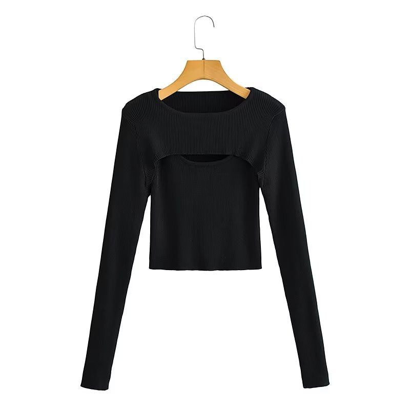 Women Ribbed Cropped Fine Knit Top with Cut-Out Details Amarae