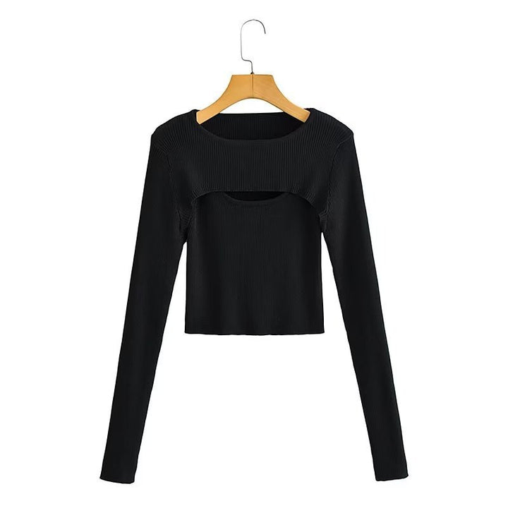 Women Ribbed Cropped Fine Knit Top with Cut-Out Details Amarae