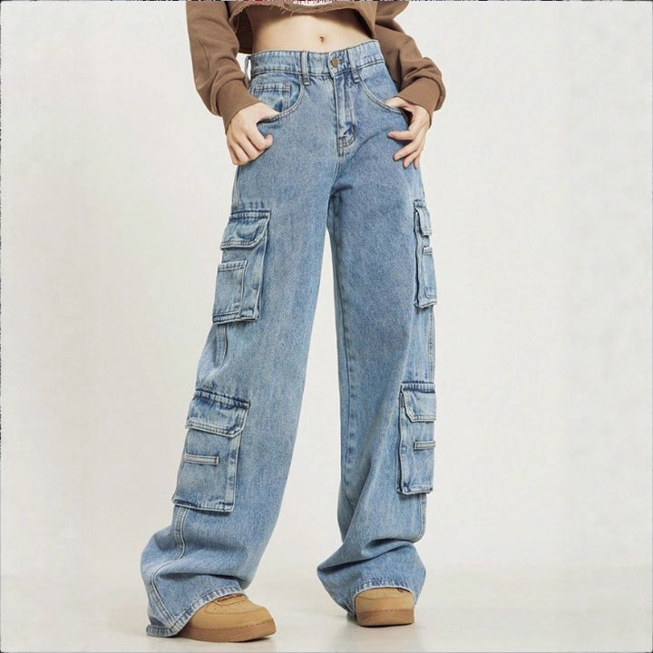 Women's High-Cut Baggy Cargo Jeans with Multiple Utility Pockets Amarae