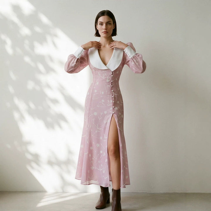 Women's midi dress with deep shawl collar, puff sleeves, and side slit Amarae