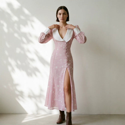 Women's midi dress with deep shawl collar, puff sleeves, and side slit Amarae