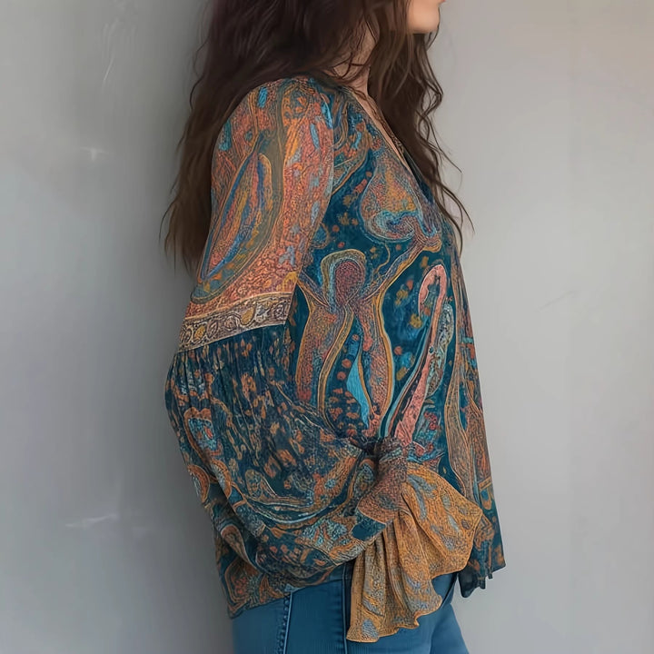 Women’s Boho-Chic Blouse with Flamed Sleeves and V-Neck Lune London