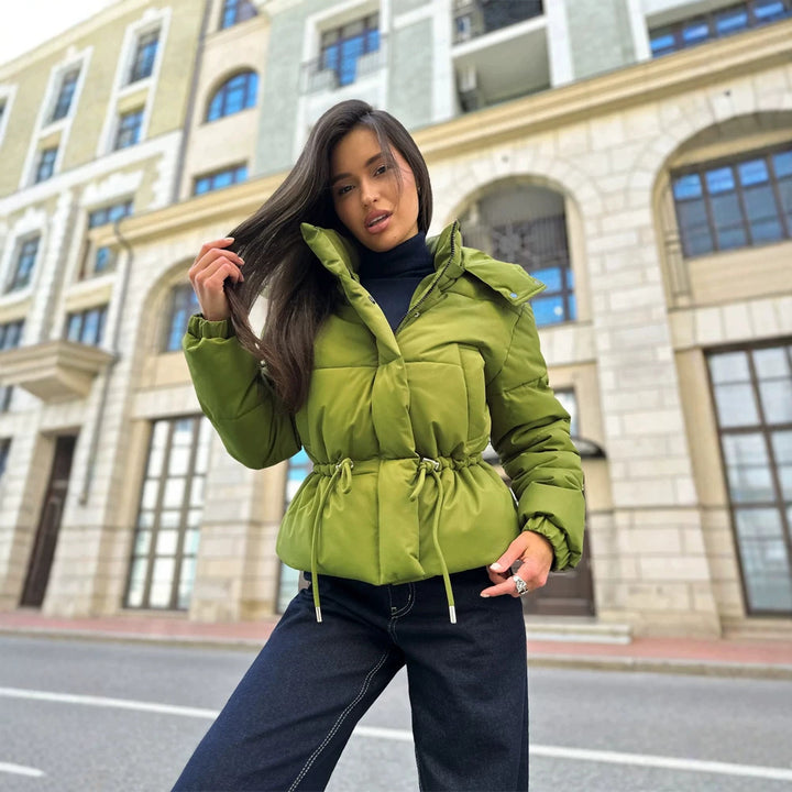 Women’s short padded hooded jacket with waist drawstring and high stand-up collar Amarae