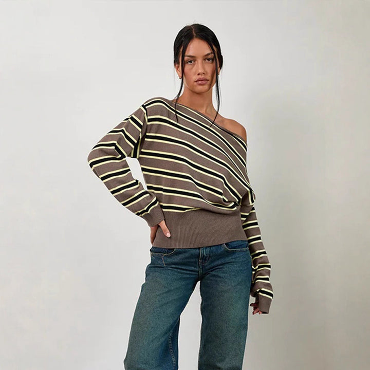 Women's fine knit boatneck pullover with asymmetrical shoulder drop, wide ribbed hem, and casual balloon sleeves Amarae
