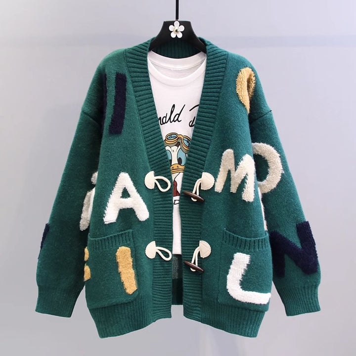 Women’s knit jacket with colorful letter pattern and practical pockets Lune London