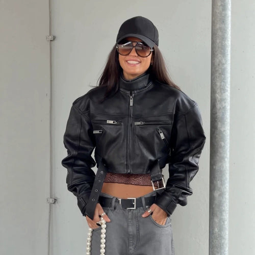 Women Cropped Boxy Biker Jacket made of vegan leather with high standing collar, zippered pockets & buckle detail Amarae