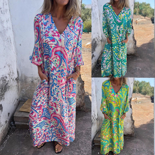 Maxi dress for women with deep V-neckline and casual balloon sleeves Amarae