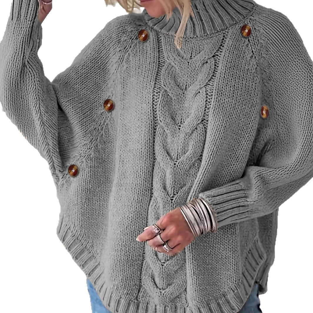 Women Loose Knit Sweater with High Collar and Decorative Buttons Lune London