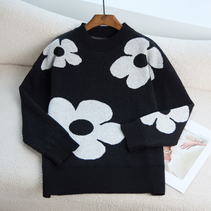 Pull en maille épaisse pour femmes avec motif floral vibrant et encolure ronde Chic & Stil