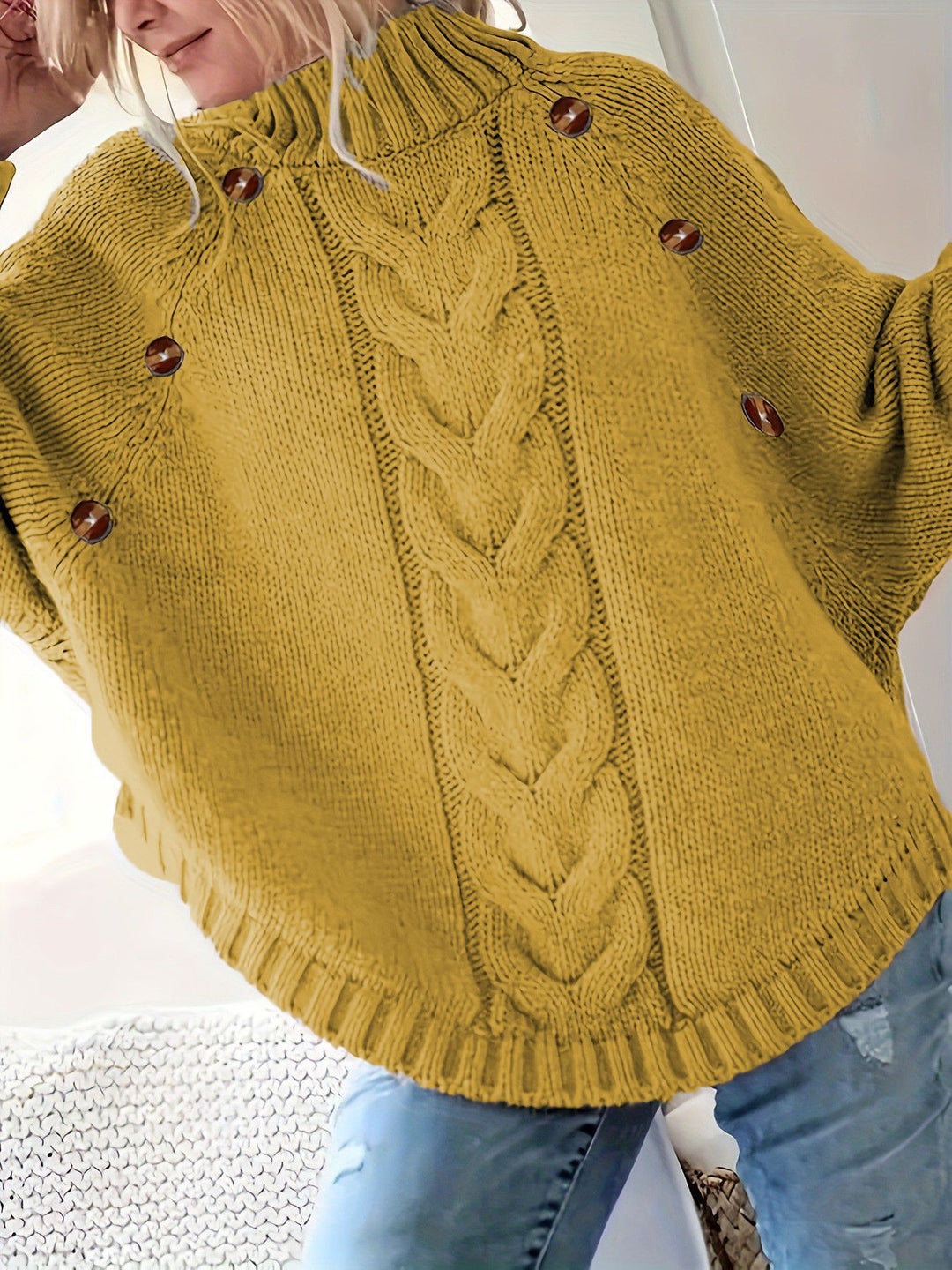 Chunky knit sweater for women with high neck and decorative buttons Lune London
