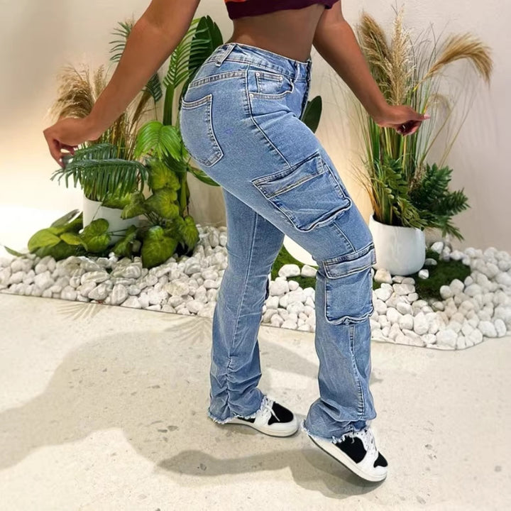 Ladies Cargo Denim Jeans with High Waist, Slim Fit Hips and Patch Utility Pockets Amarae