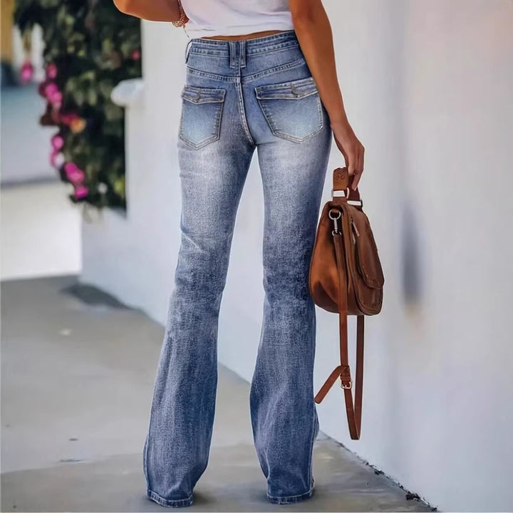 Women's High-Waisted Flared Denim Pants with Front Decorative Stitching and Shaping Waistband Amarae