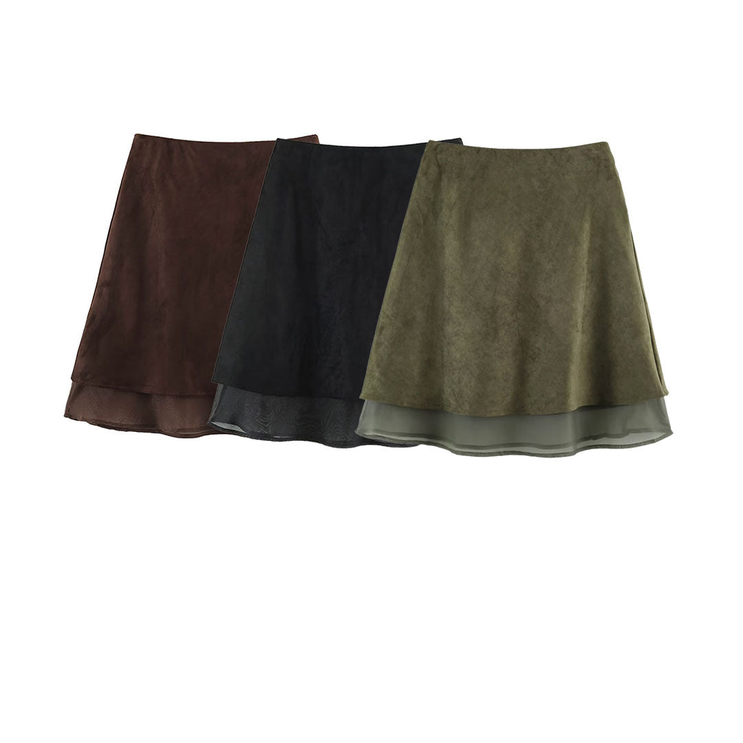 Women’s A-line midi skirt with velour look and chiffon ruffle Amarae