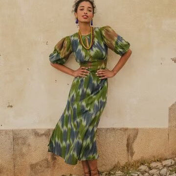 Maxi dress for ladies with elegant gather and modern puff sleeves Amarae